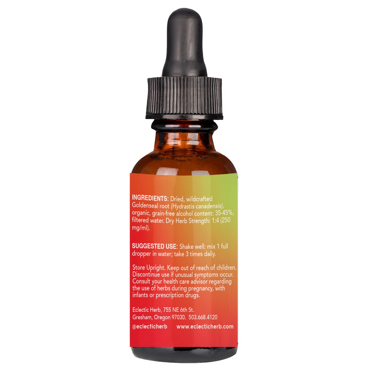 Eclectic Institute wildcrafted Goldenseal Root supplement displaying dosage instructions and organic grain-free alcohol base.