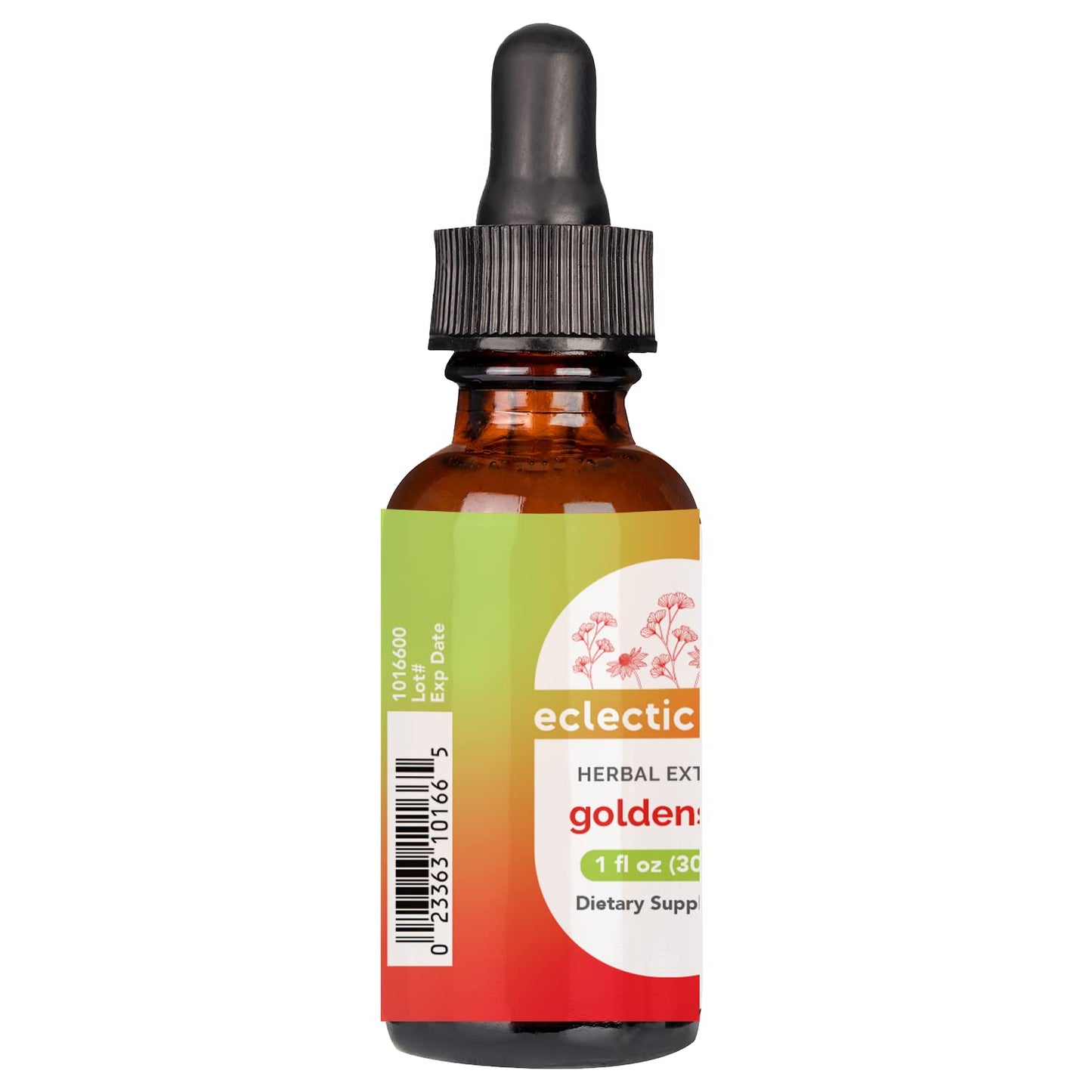 Close-up of the dropper bottle for Eclectic Institute Goldenseal Root Tincture immune support dietary supplement.