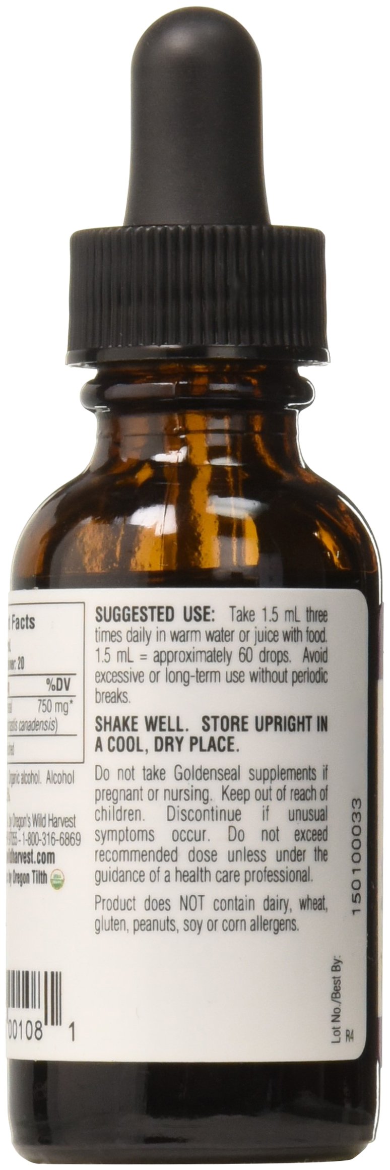 Oregons Wild Harvest organic goldenseal root tincture label showing USDA certified organic seal