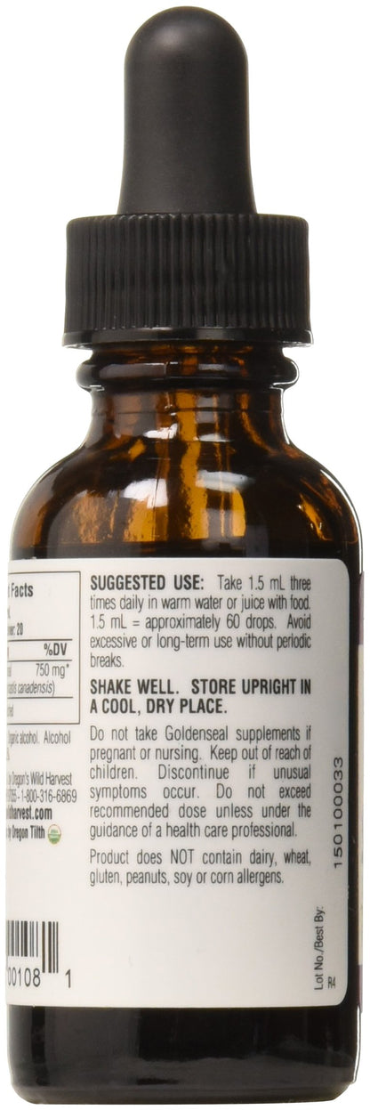 Oregons Wild Harvest organic goldenseal root tincture label showing USDA certified organic seal