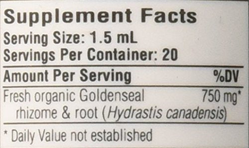 Close up of the herbal ingredients list on the back of the goldenseal fluid extract bottle