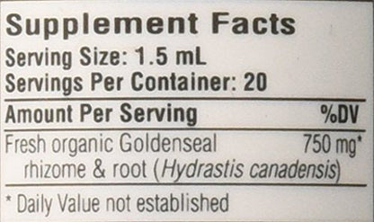 Close up of the herbal ingredients list on the back of the goldenseal fluid extract bottle