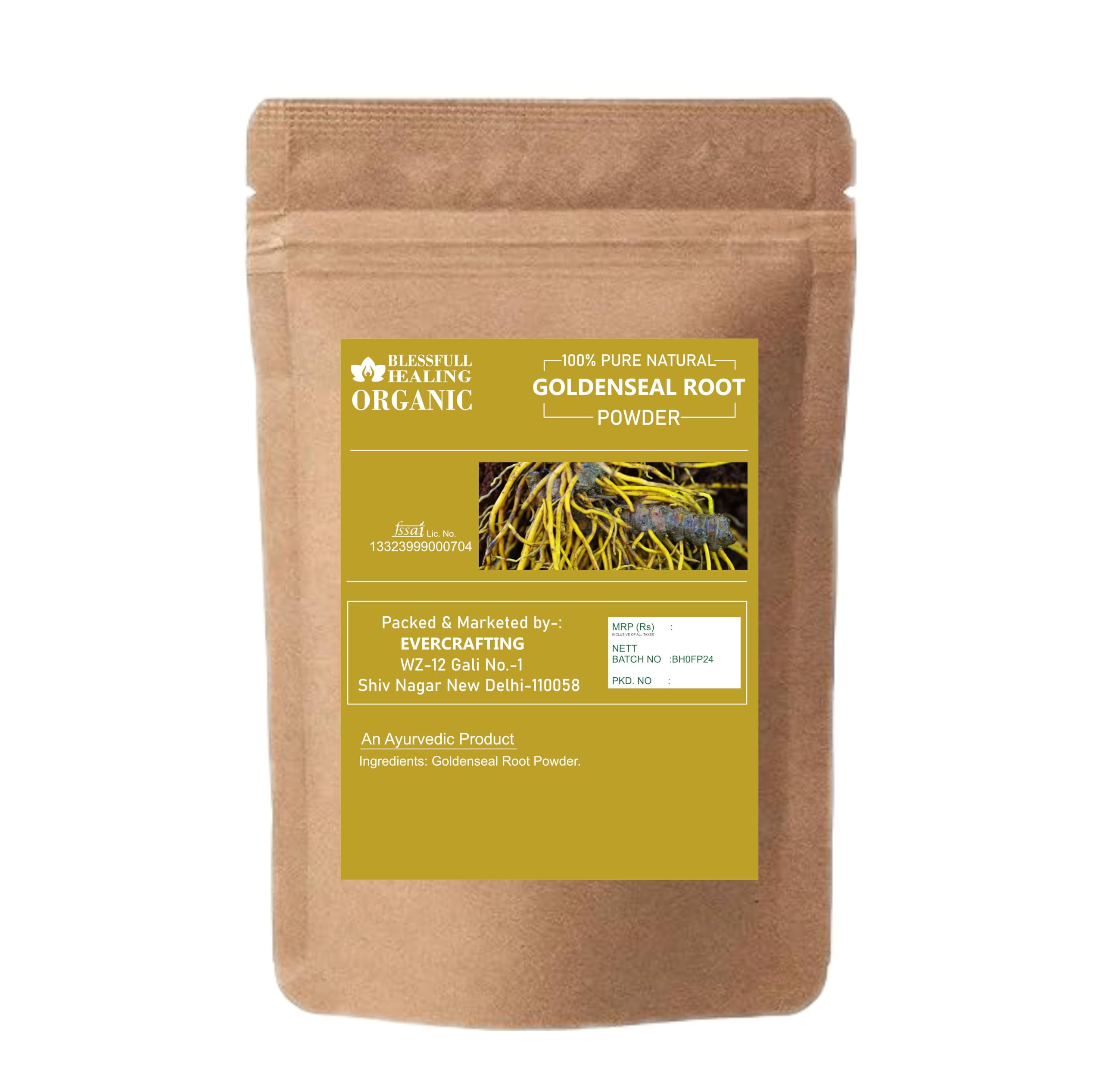 Blessfull Healing Organic Goldenseal Root Powder back label showing product details and authentic herbal supplement facts.