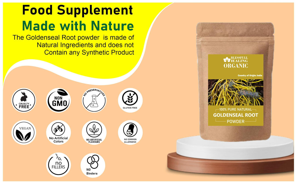 Texture shot of pure natural goldenseal root powder demonstrating its fine consistency for teas and smoothies.