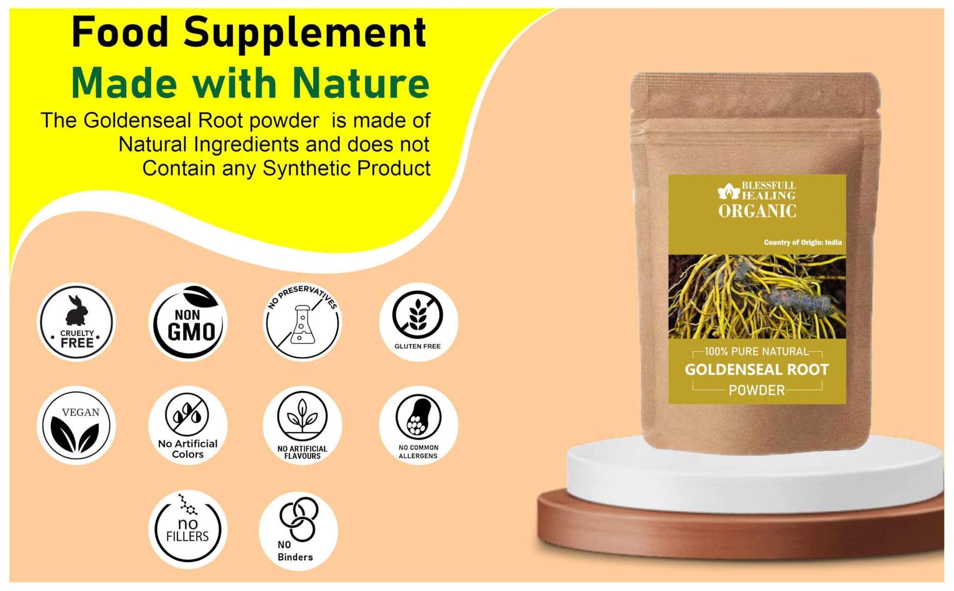 Texture shot of pure natural goldenseal root powder demonstrating its fine consistency for teas and smoothies.