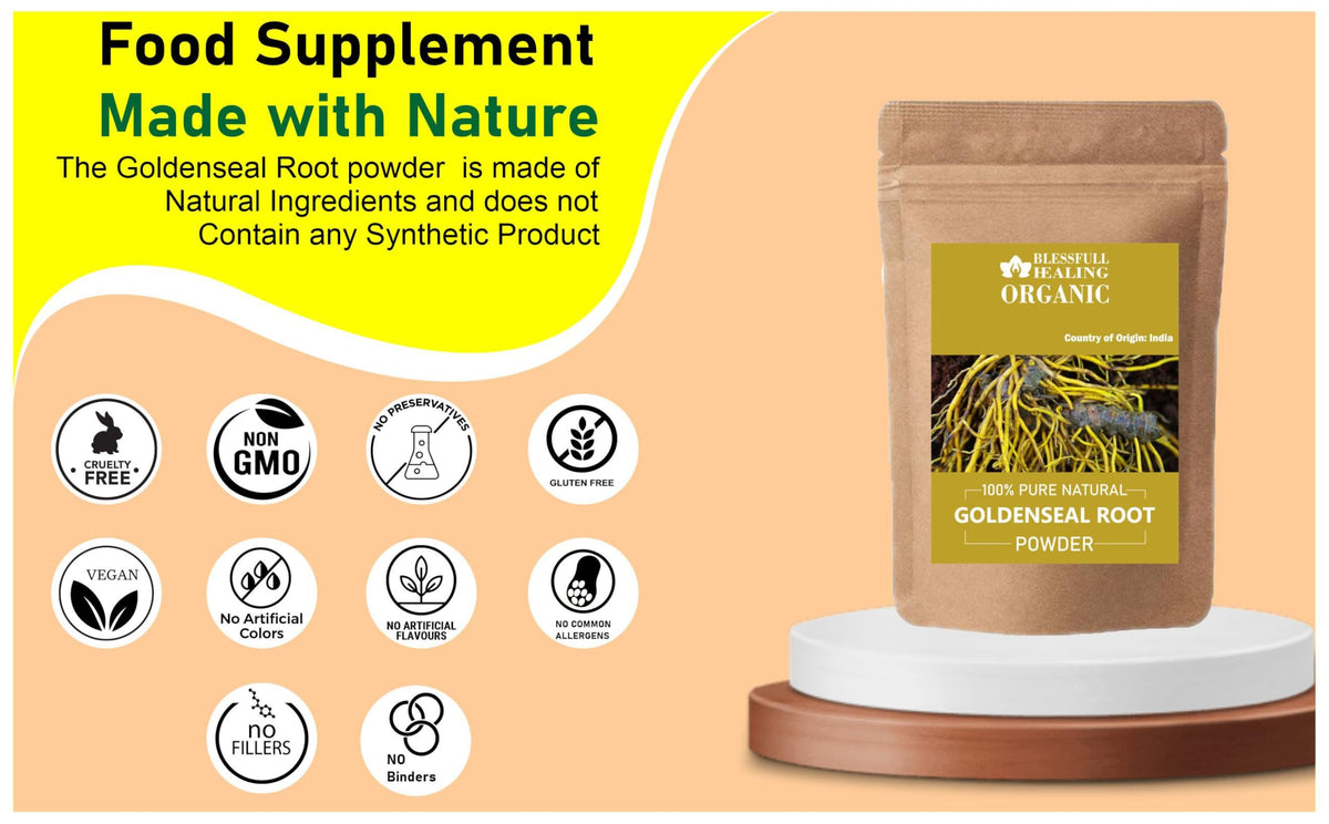 Texture shot of pure natural goldenseal root powder demonstrating its fine consistency for teas and smoothies.
