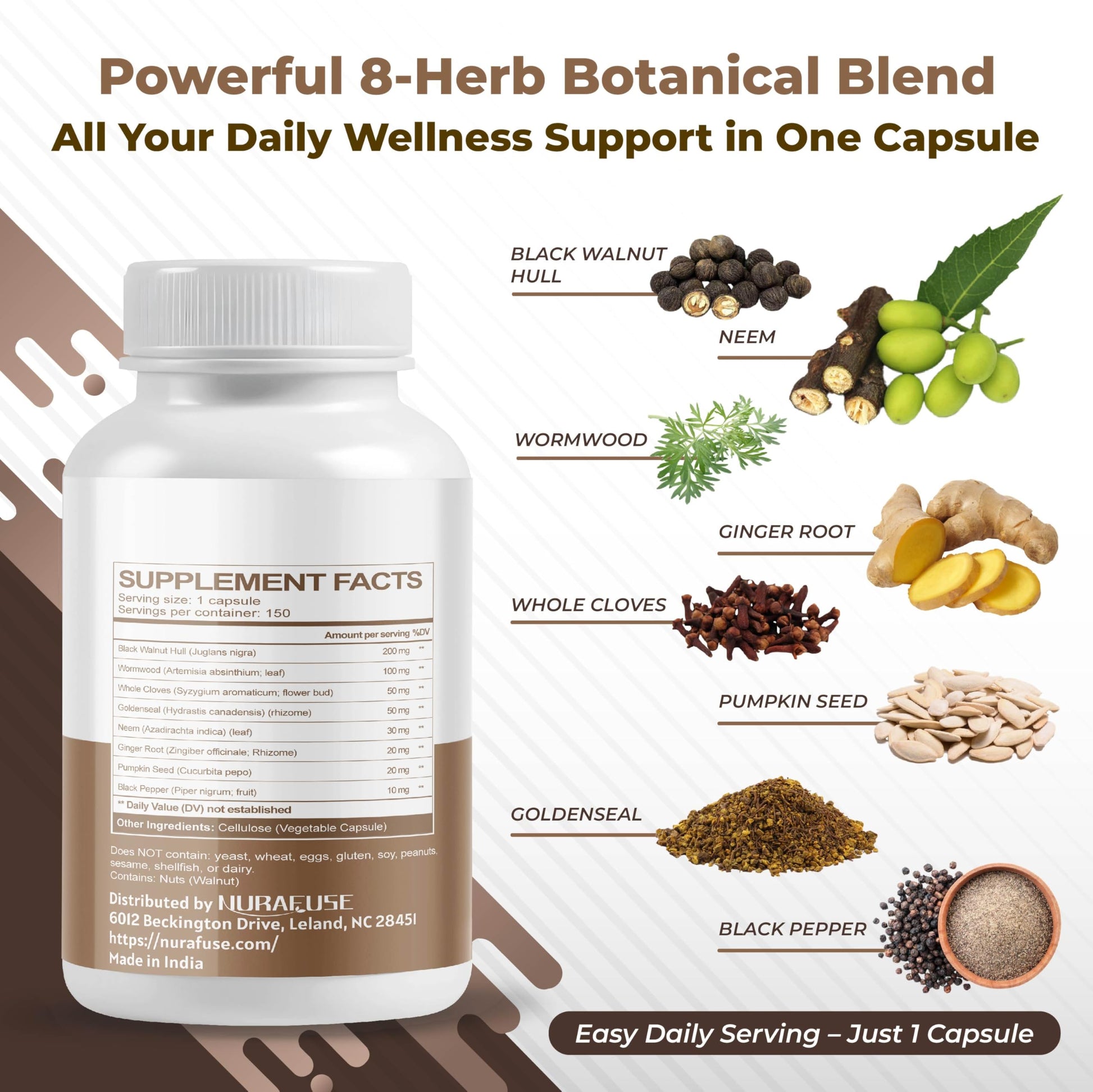 Authentic USA imported Nurafuse black walnut and wormwood supplement 150 capsules package.