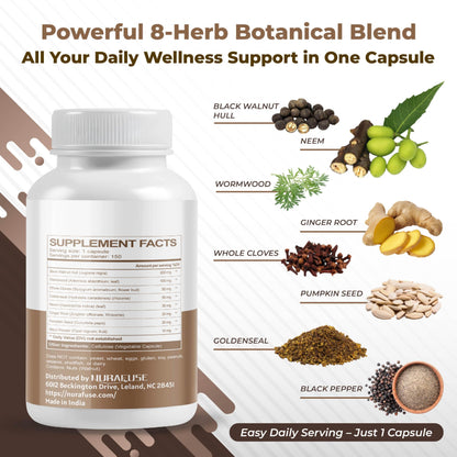 Authentic USA imported Nurafuse black walnut and wormwood supplement 150 capsules package.