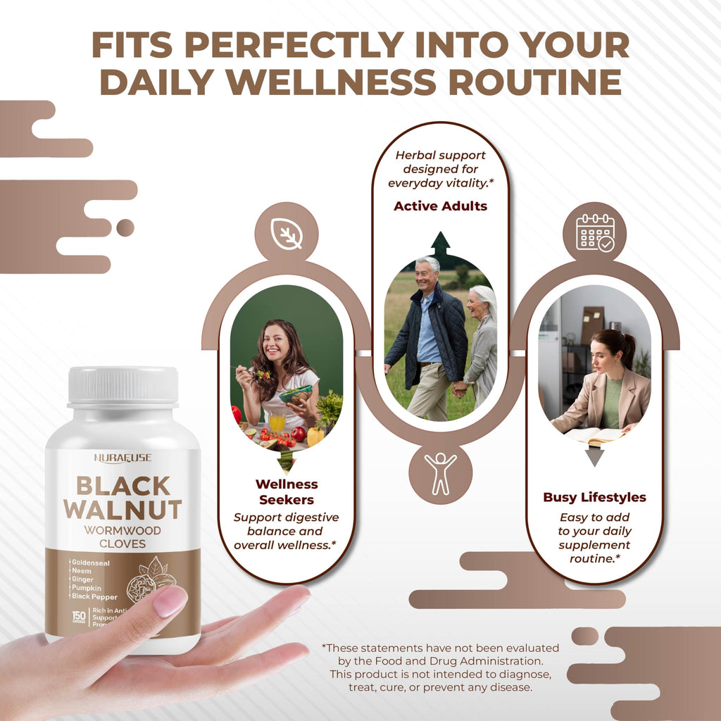 Premium Nurafuse black walnut and wormwood capsules bottle label details for gastrointestinal health.