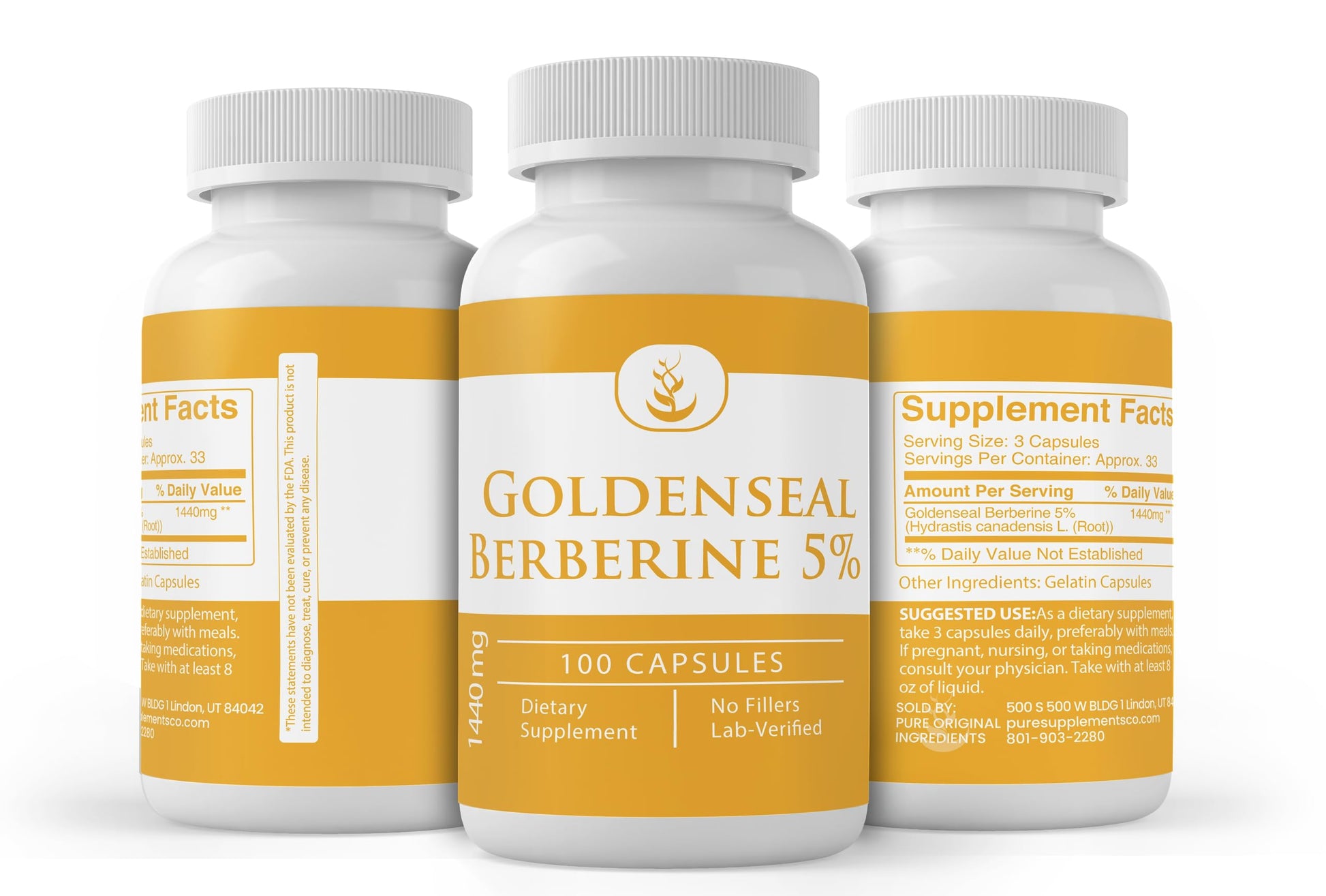 Authentic USA imported Pure Original Ingredients Goldenseal Berberine bottle standing upright.