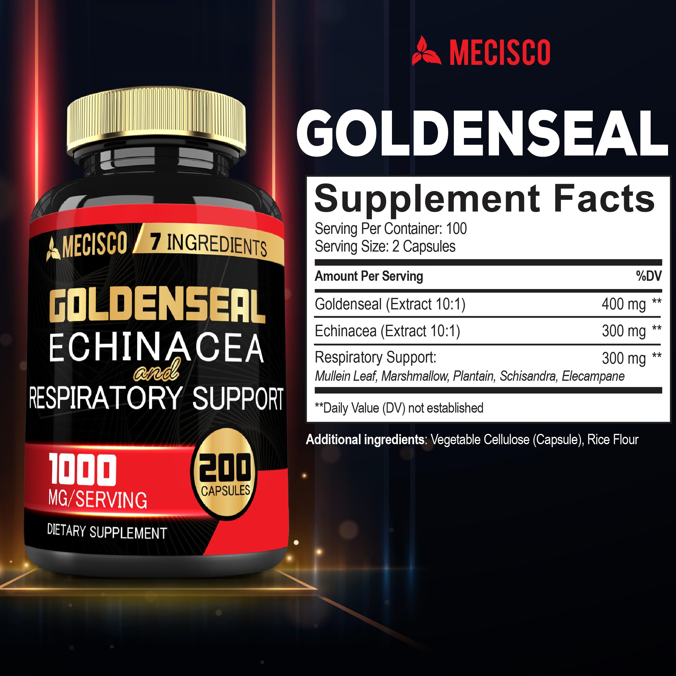 Mecisco Goldenseal Root supplement facts and 7-in-1 premium ingredients list