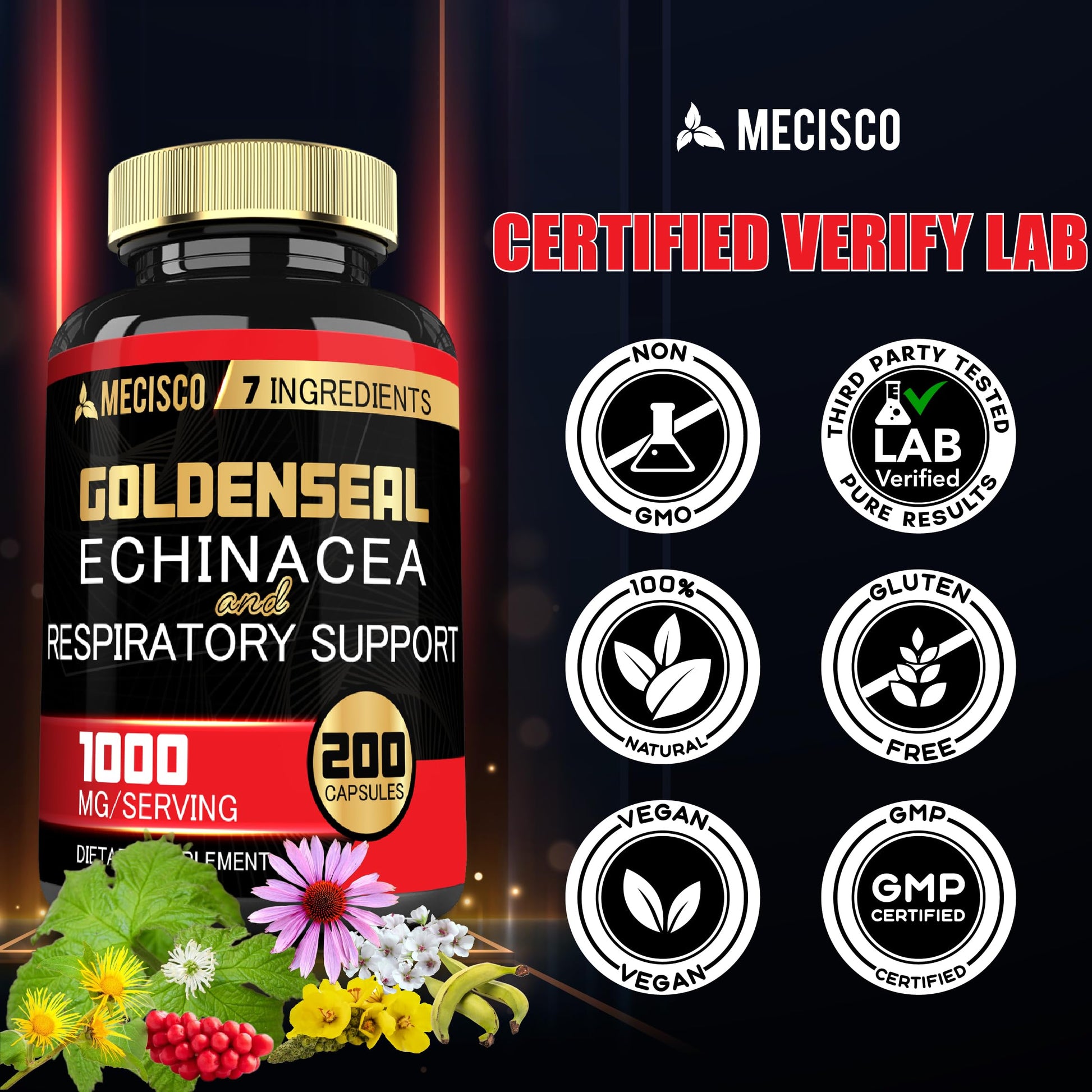 Mecisco Goldenseal Root premium dietary supplement label detailing usage instructions