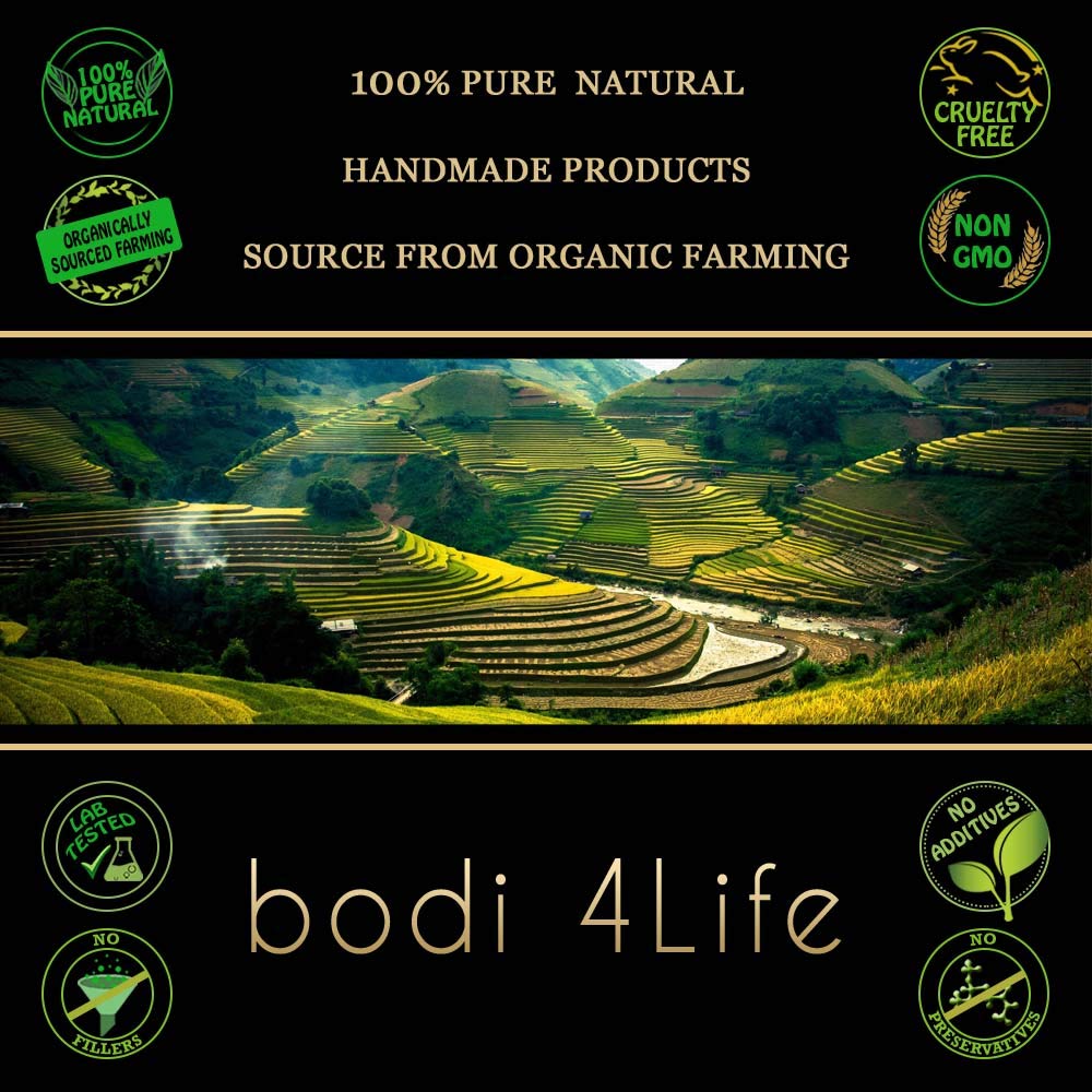 Bodi Goldenseal Root extract bag displayed next to a glass of green wellness smoothie indicating product usage.