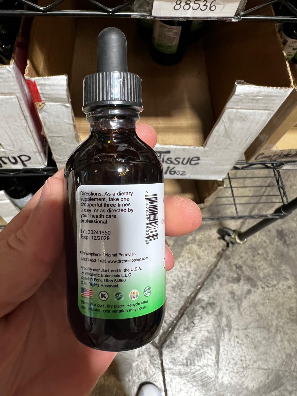 Dr. Christopher's Goldenseal Root herbal dietary supplement showing vegetable glycerin base details