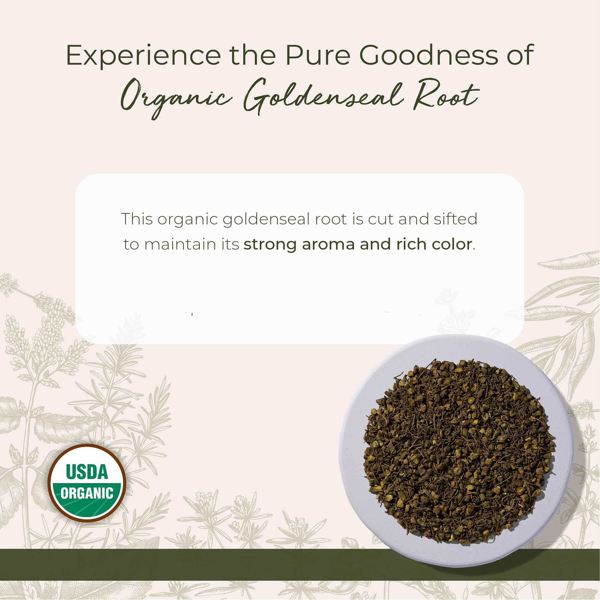 Starwest Botanicals cut and sifted goldenseal root loose leaf herb packaging close up
