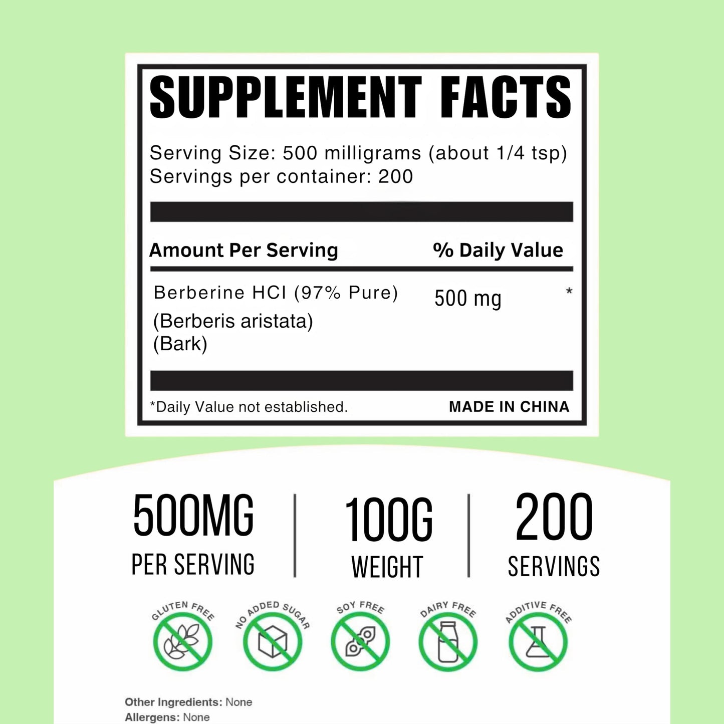 Ninety-seven percent plant based extract berberine supplement unflavored powder nutrition label view.