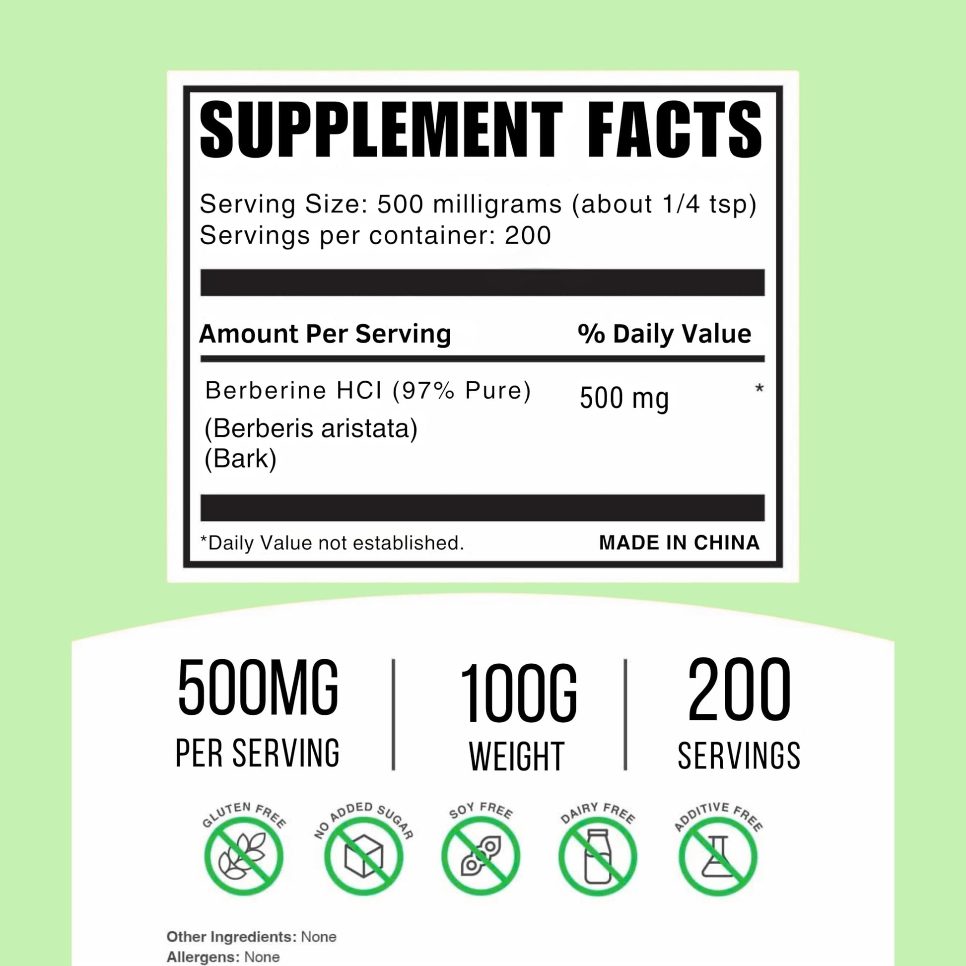 Ninety-seven percent plant based extract berberine supplement unflavored powder nutrition label view.