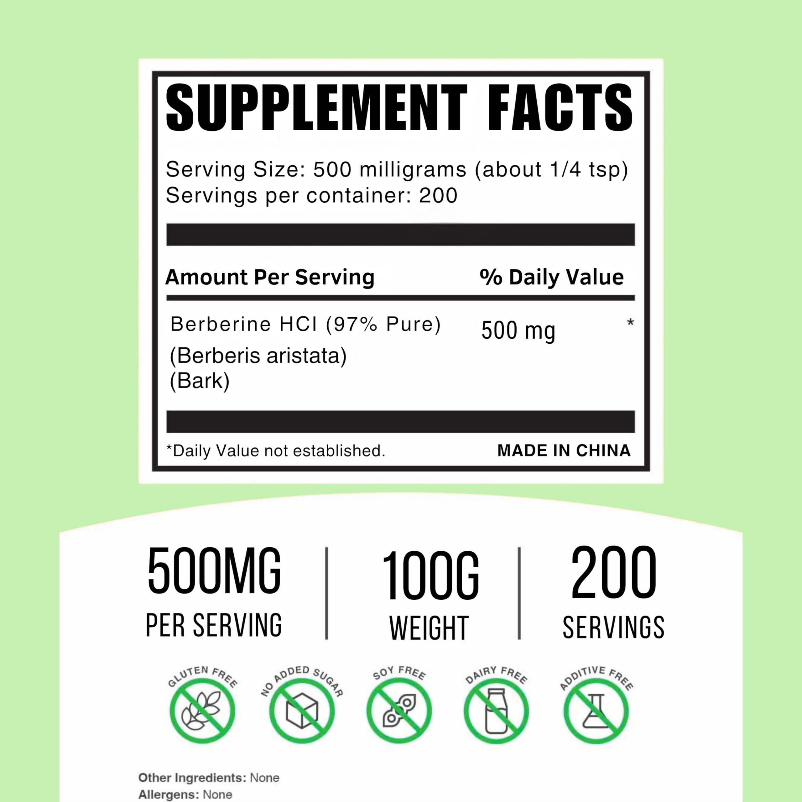 Ninety-seven percent plant based extract berberine supplement unflavored powder nutrition label view.