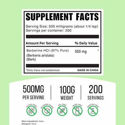 Ninety-seven percent plant based extract berberine supplement unflavored powder nutrition label view.