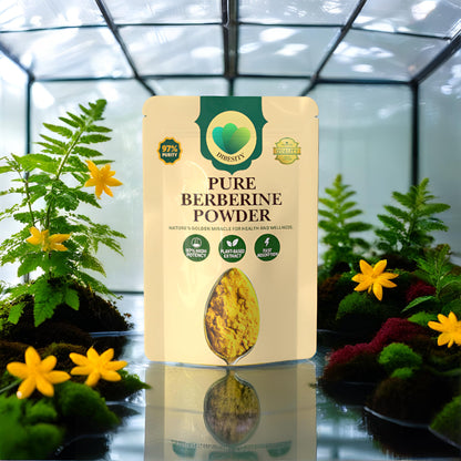 High potency barberry derived berberine powder packaging highlighting natural botanical ingredients.