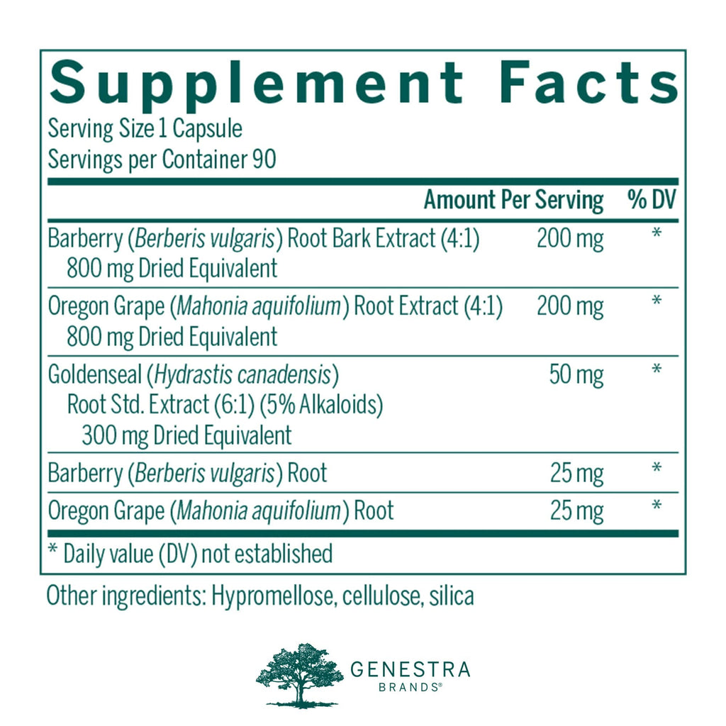 Side angle of Genestra Brands Berberis Formula bottle displaying supplement facts panel and exact extract dosages.