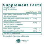 Side angle of Genestra Brands Berberis Formula bottle displaying supplement facts panel and exact extract dosages.
