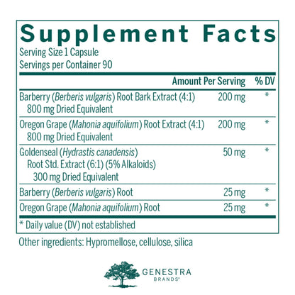 Side angle of Genestra Brands Berberis Formula bottle displaying supplement facts panel and exact extract dosages.