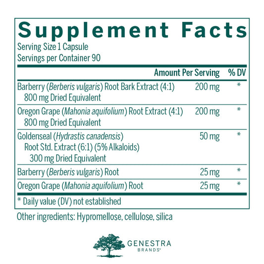 Side angle of Genestra Brands Berberis Formula bottle displaying supplement facts panel and exact extract dosages.