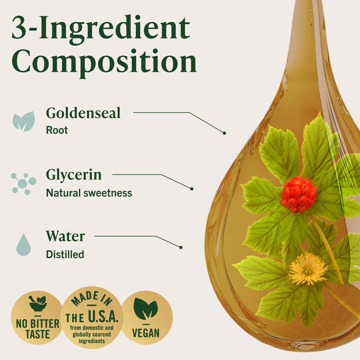 Natural non GMO liquid goldenseal herb extract with dropper applicator close up