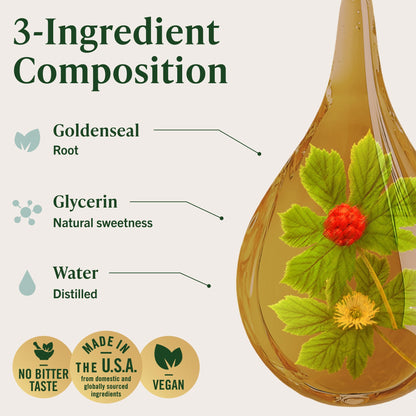 Natural non GMO liquid goldenseal herb extract with dropper applicator close up