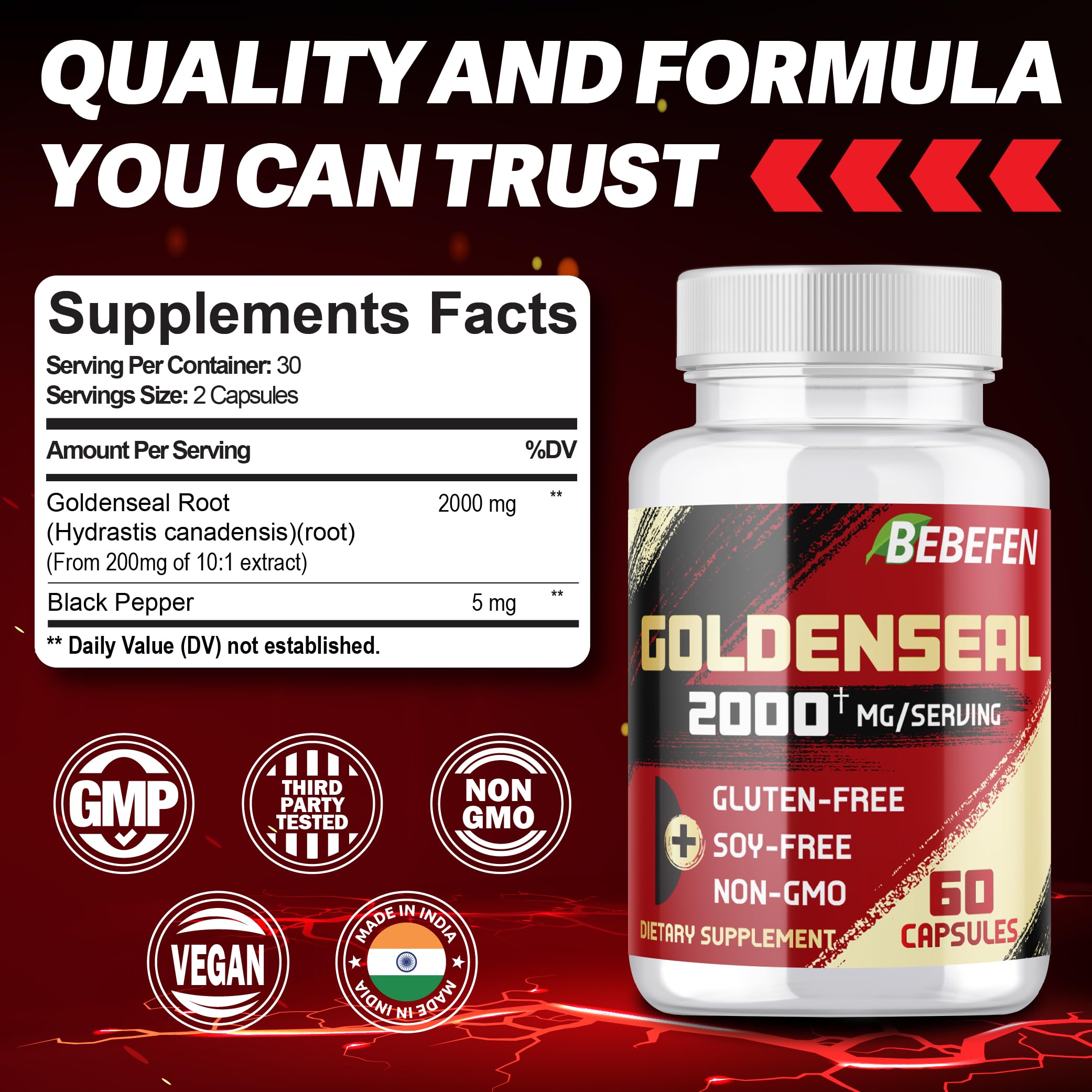 Side angle view of BEBEFEN Goldenseal Root dietary supplement showing gluten free and soy free labels