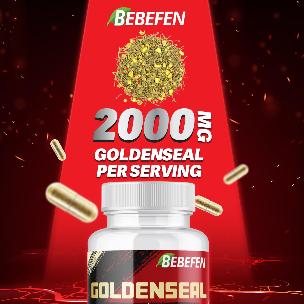 Back label view of BEBEFEN premium goldenseal herbal extract capsules outlining the ingredient panel details