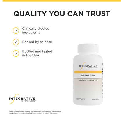 Side view of Integrative Therapeutics Berberine bottle detailing warnings and allergen safety information