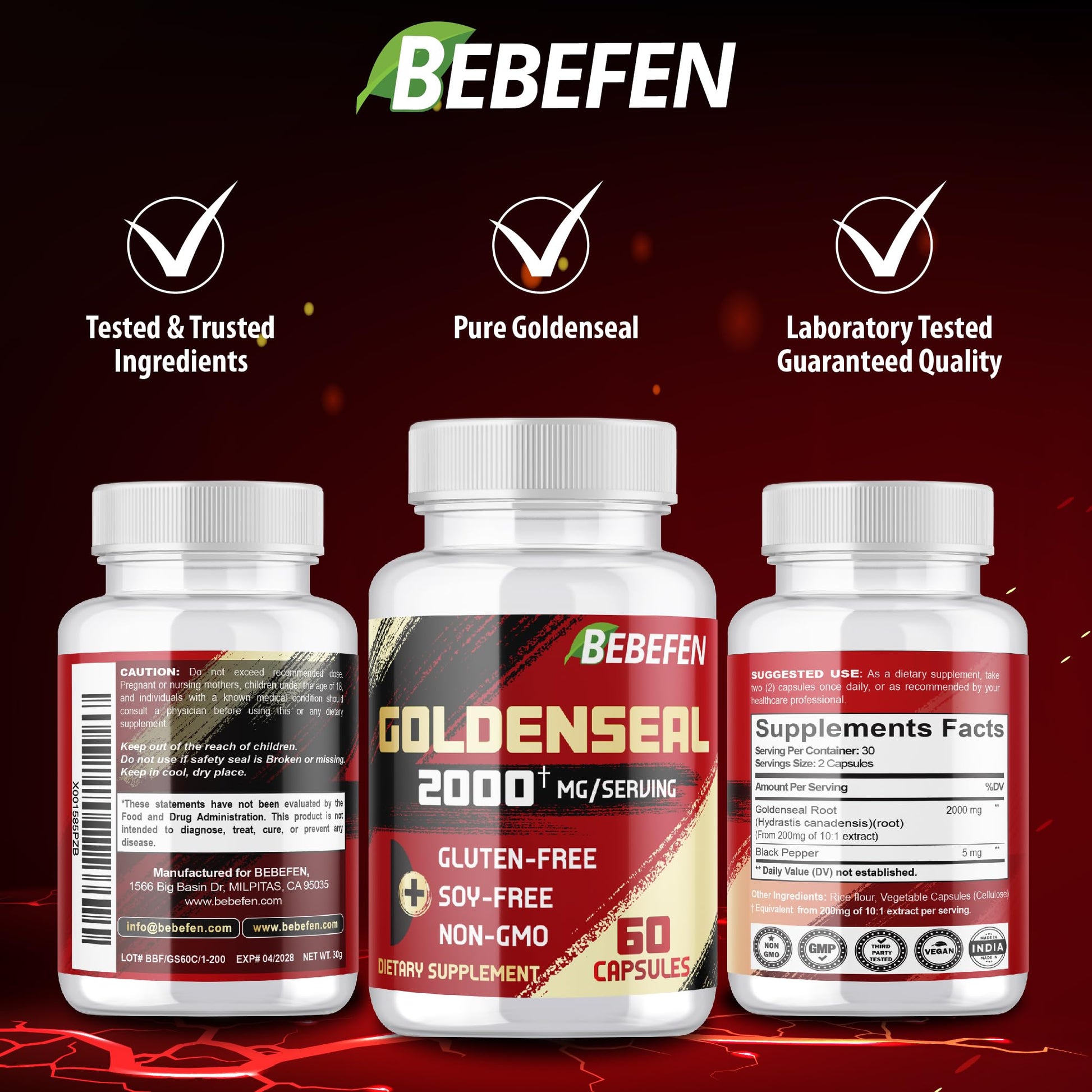 USA imported BEBEFEN Goldenseal Root capsules bottle showcasing the ten to one concentrated extract ratio