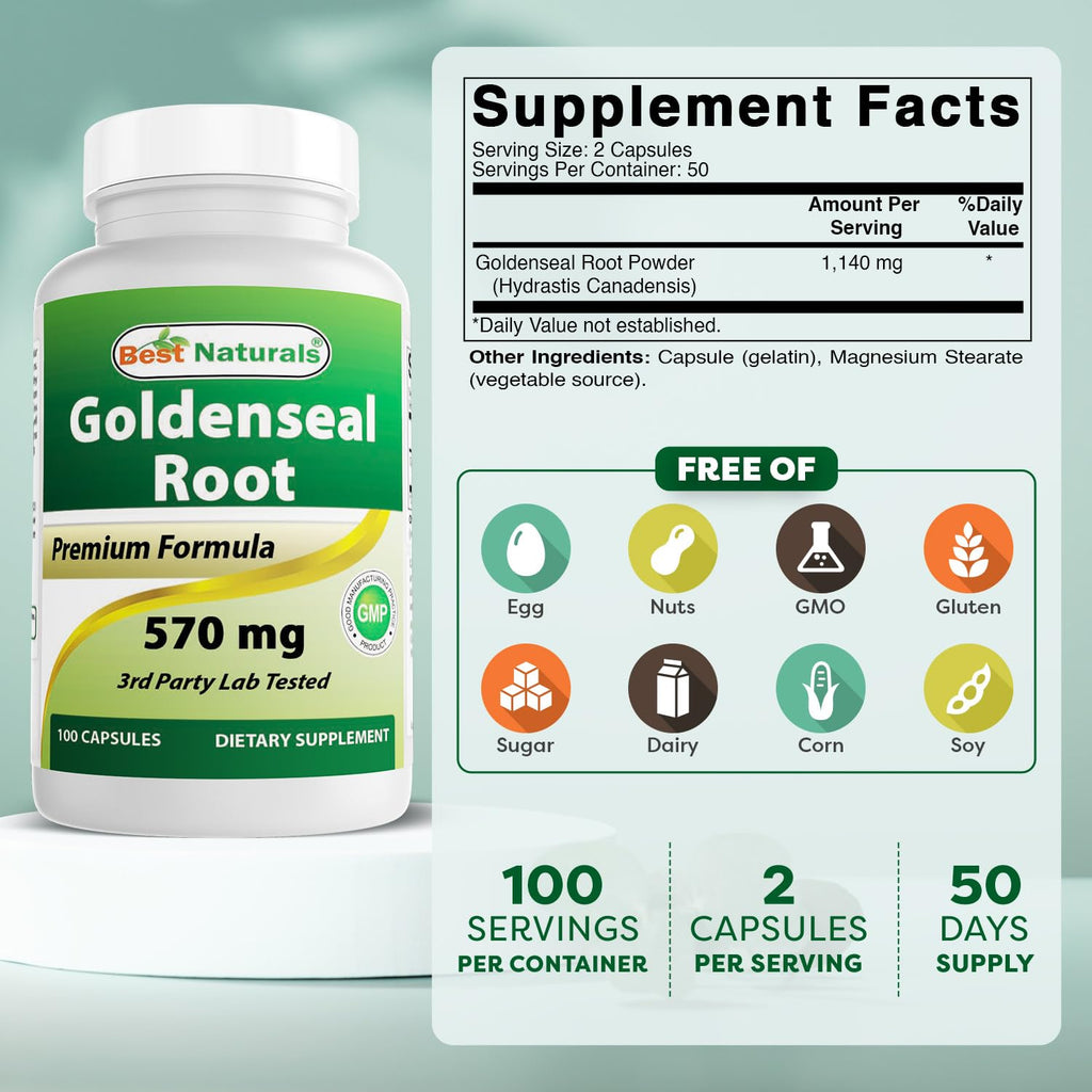 Best Naturals Goldenseal Root supplement side label showing nutritional facts and ingredients list