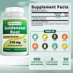 Best Naturals Goldenseal Root supplement side label showing nutritional facts and ingredients list