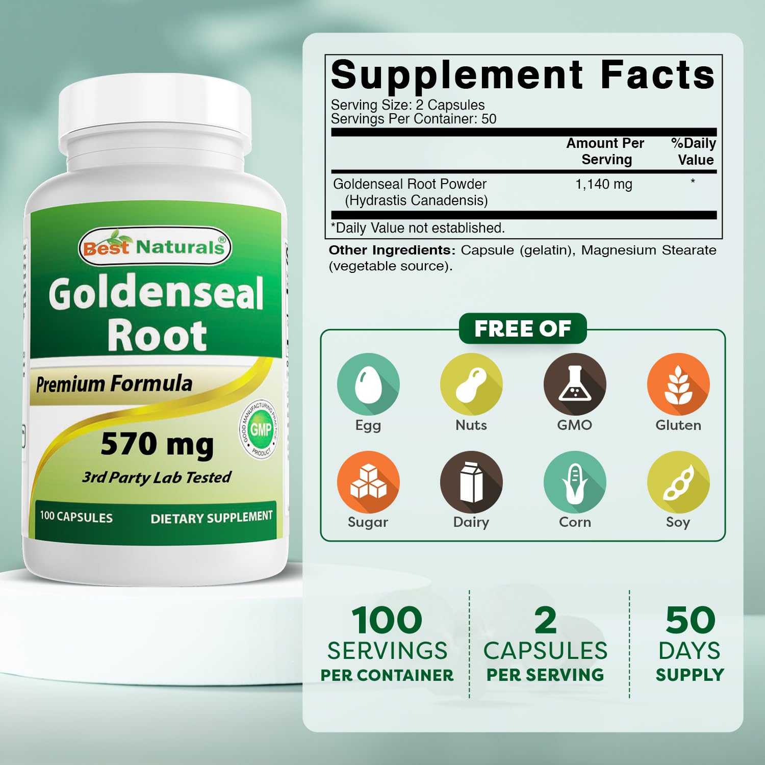 Best Naturals Goldenseal Root supplement side label showing nutritional facts and ingredients list