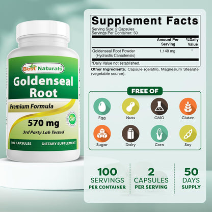Best Naturals Goldenseal Root supplement side label showing nutritional facts and ingredients list