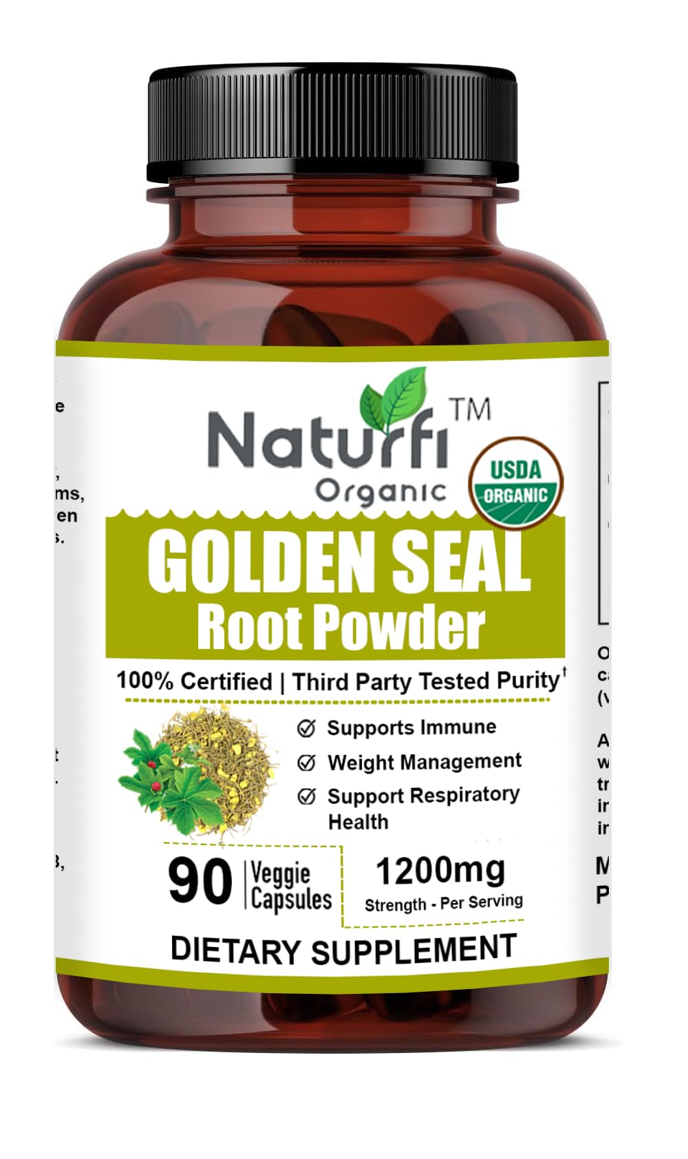 Naturfi Organic Goldenseal Root supplement facts label detailing the 1200 milligrams serving size and pure herbal ingredients.