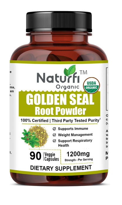 Naturfi Organic Goldenseal Root supplement facts label detailing the 1200 milligrams serving size and pure herbal ingredients.