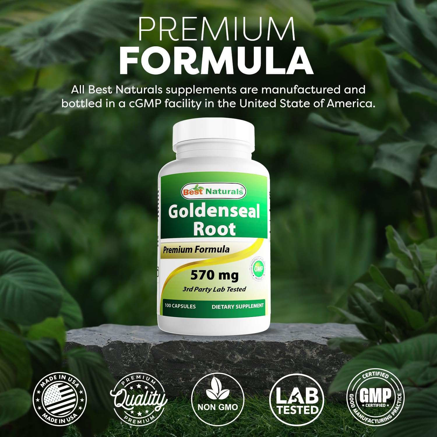 Best Naturals Goldenseal Root herbal supplement packaging displaying quality manufacturing standards