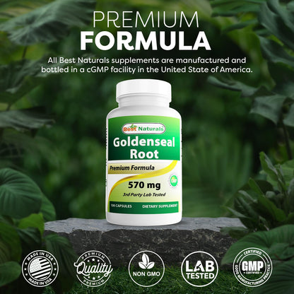 Best Naturals Goldenseal Root herbal supplement packaging displaying quality manufacturing standards