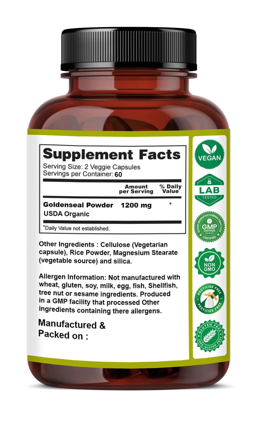 Side view of Naturfi Organic Goldenseal capsules bottle highlighting the third-party lab tested and vegetarian-friendly product features.