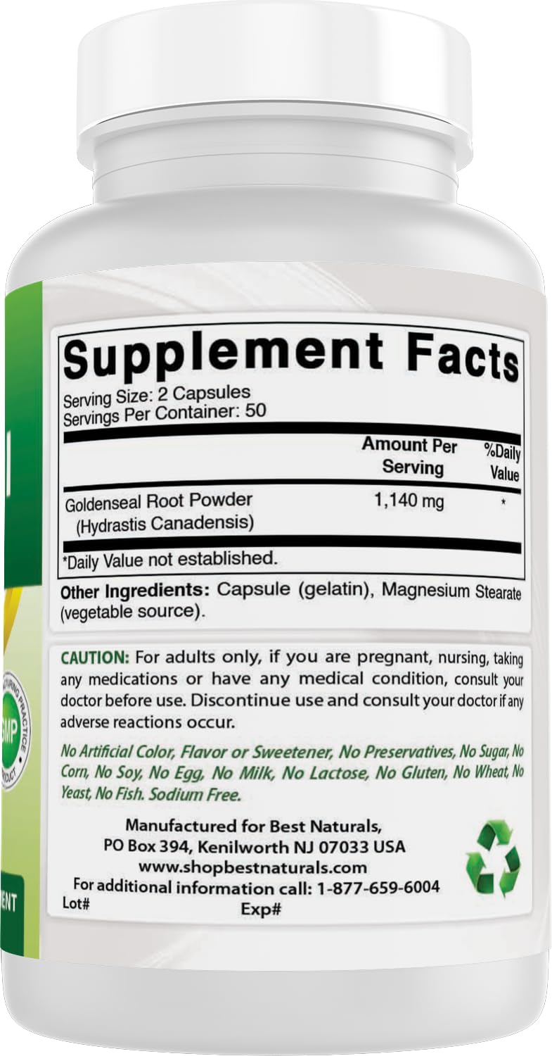 Back label of Best Naturals Goldenseal Root Five Hundred Seventy Milligrams showing dosage instructions