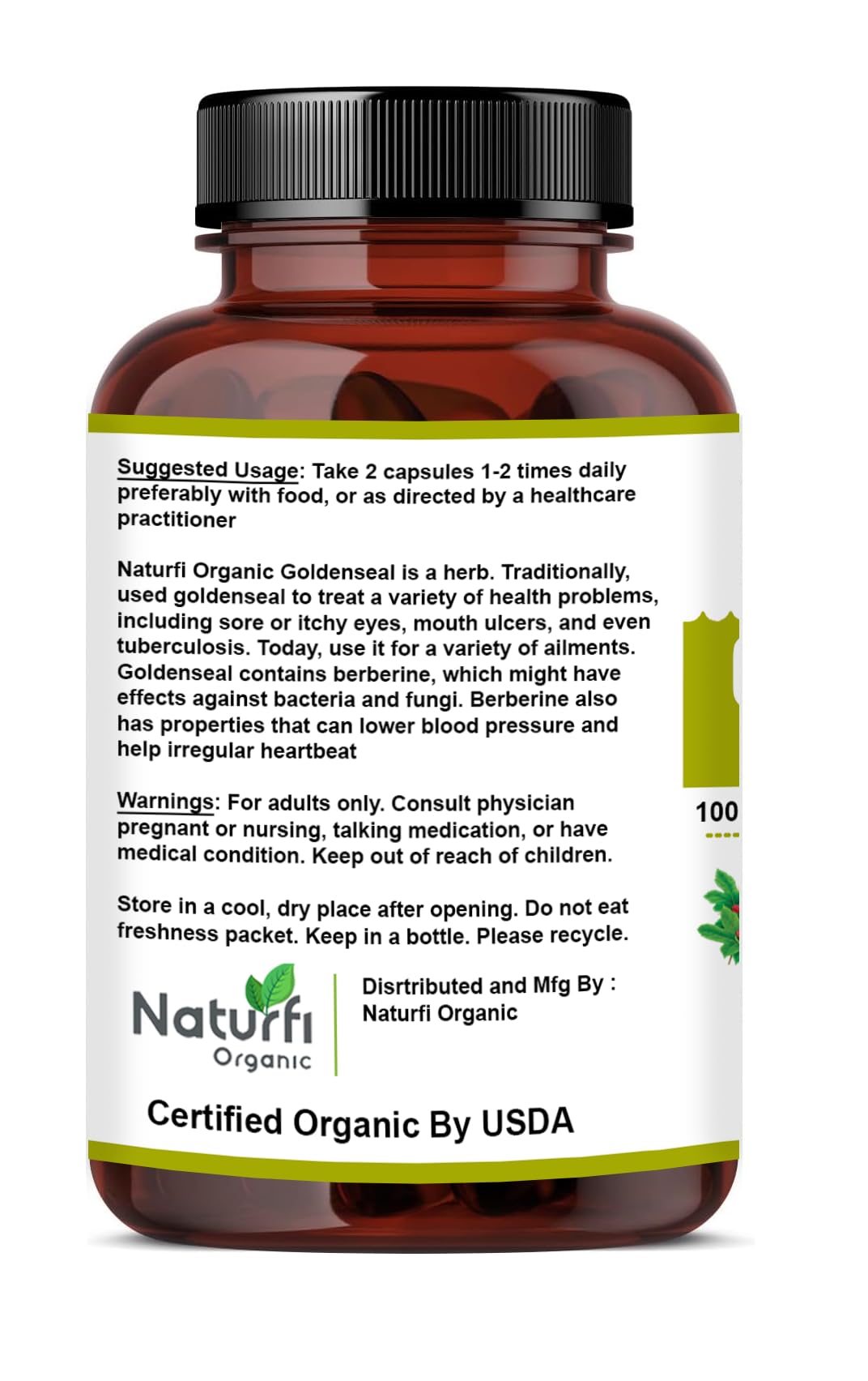 Naturfi Organic Goldenseal Root 90 veggie capsules container displayed with its secure packaging lid signifying premium USA imported quality.