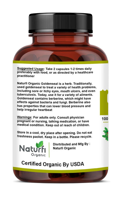 Naturfi Organic Goldenseal Root 90 veggie capsules container displayed with its secure packaging lid signifying premium USA imported quality.