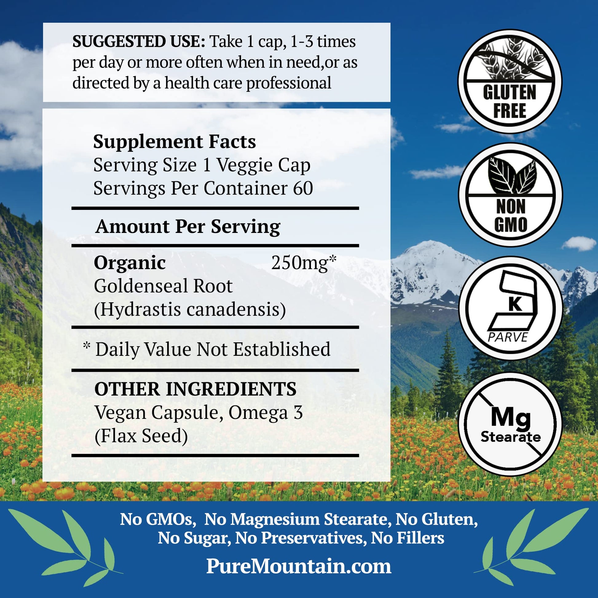 Pure Mountain Botanicals goldenseal capsules supplement label facts displaying ingredient panel