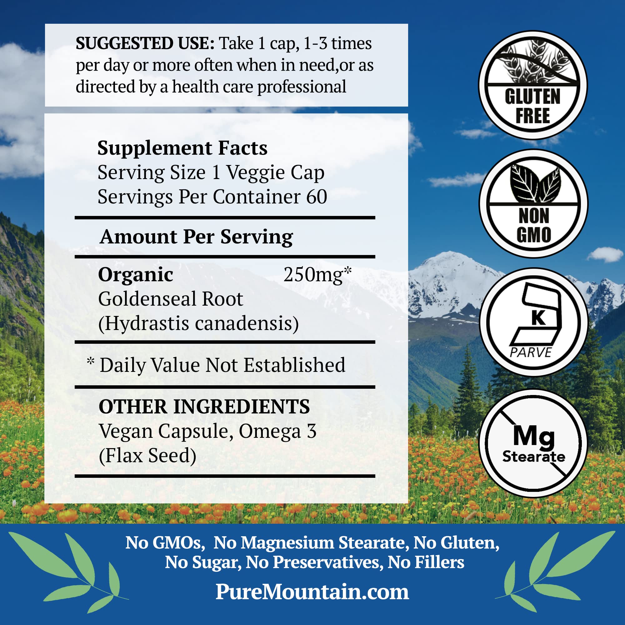 Pure Mountain Botanicals goldenseal capsules supplement label facts displaying ingredient panel