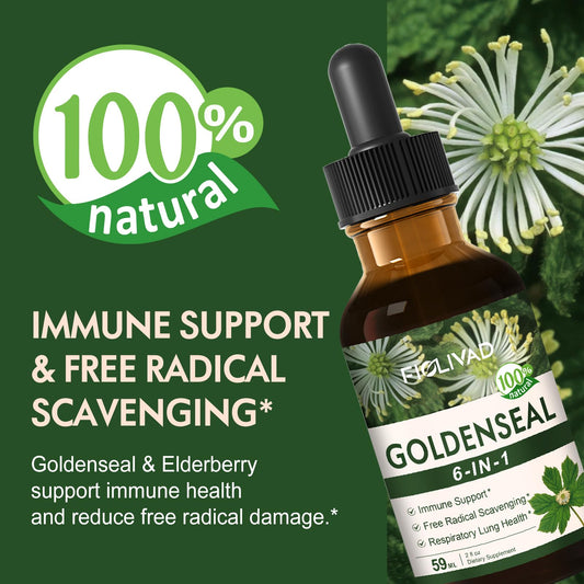 Fiolivad Goldenseal and Echinacea supplement dropper bottle showcasing the six in one formula layout