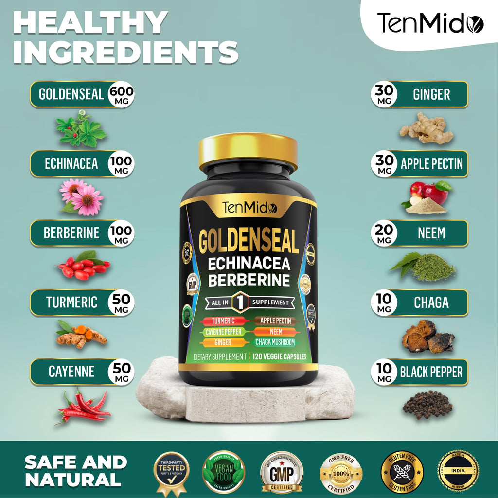 Front packaging of Tenmido Goldenseal Digestive Health Supplement